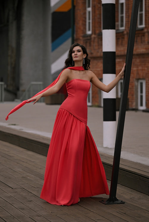 Strapless Asymmetric Chiffon-Draped Gown with Scarf Detail | Fiery Allure