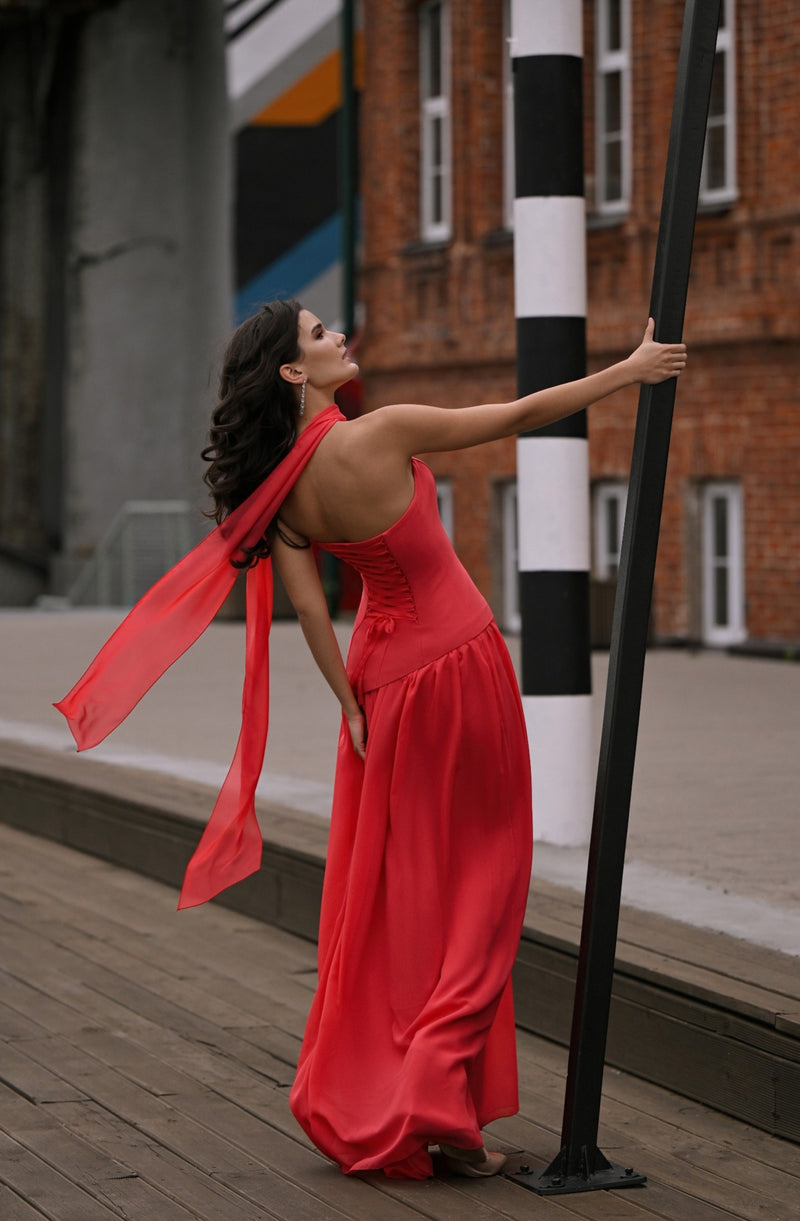 Strapless Asymmetric Chiffon-Draped Gown with Scarf Detail | Fiery Allure Strapless Asymmetric Chiffon-Draped Gown with Scarf Detail | Fiery Allure