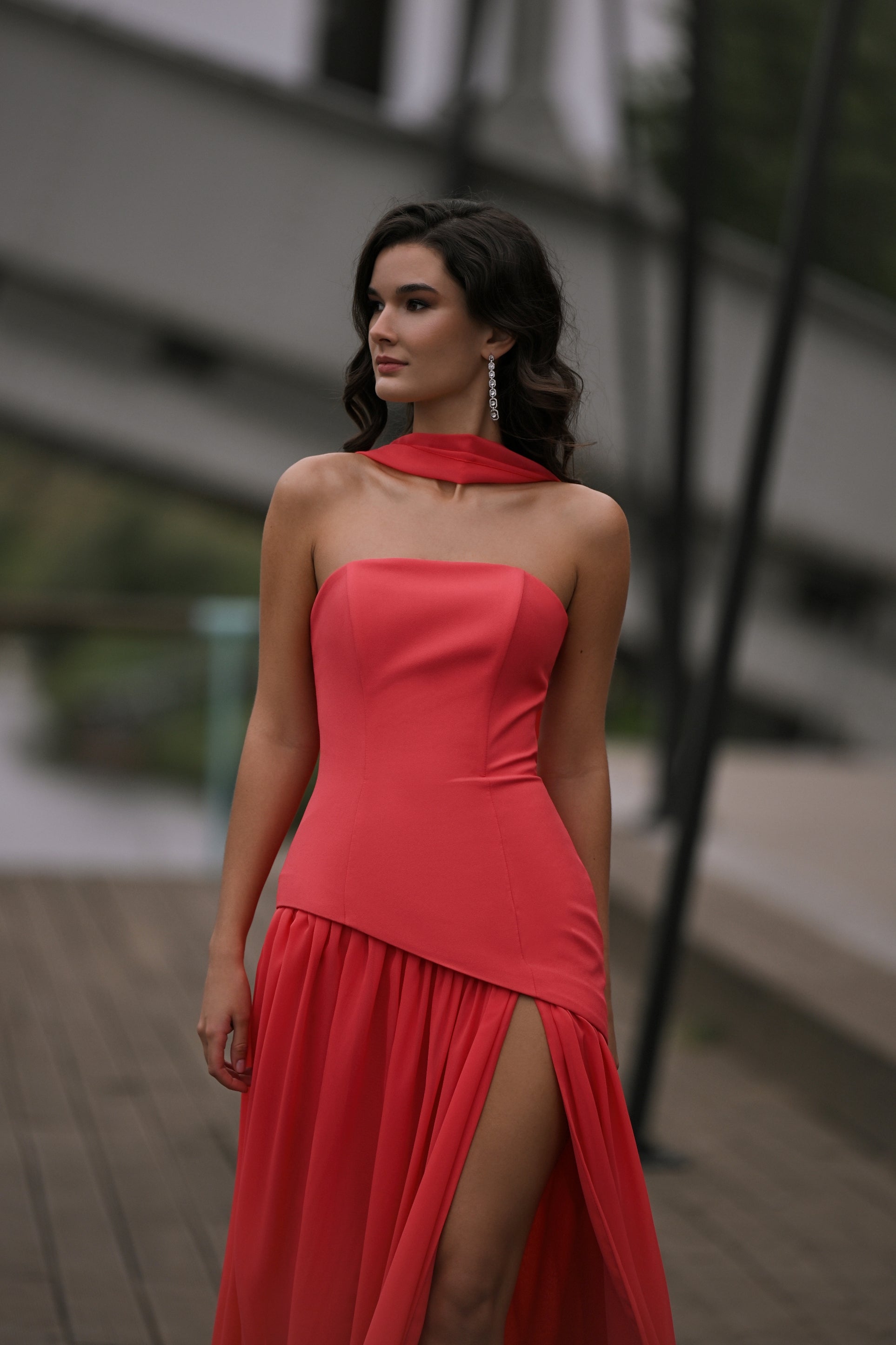 Strapless Asymmetric Chiffon-Draped Gown with Scarf Detail | Fiery All HAREM's Brides Strapless Asymmetric Chiffon-Draped Gown with Scarf Detail | Fiery All HAREM's Brides