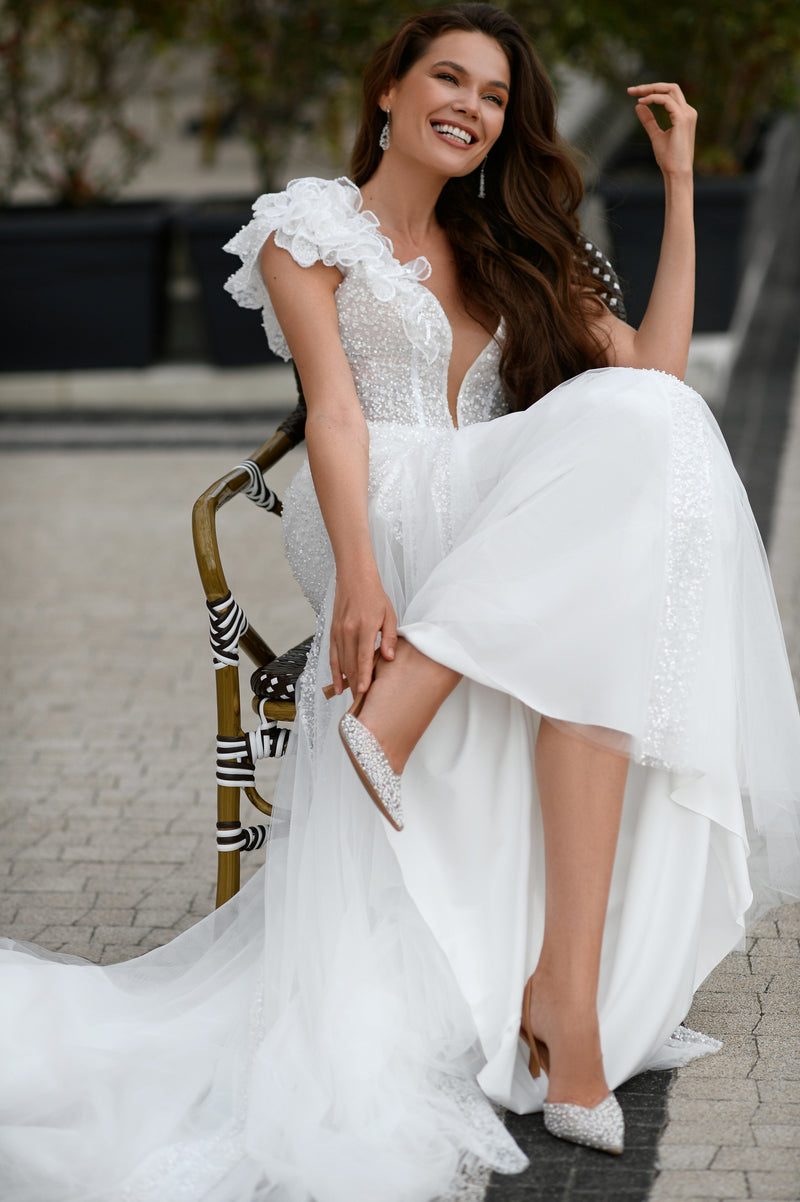 v neck lace trumpet wedding dress 44281: Cotton Lace Trumpet Bridal Gown with Plunging V-Neck