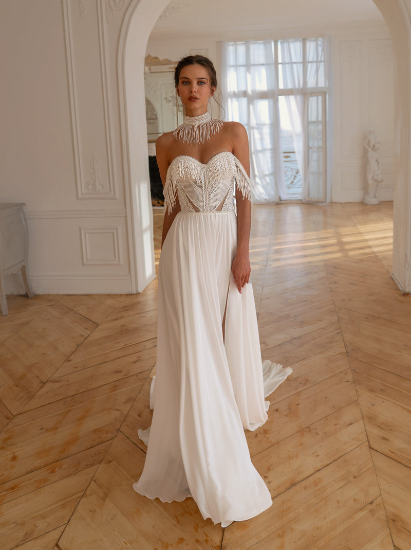 off the shoulder chiffon wedding dress Bohemian Crepe Chiffon & Lace Off-Shoulder Wedding Dress