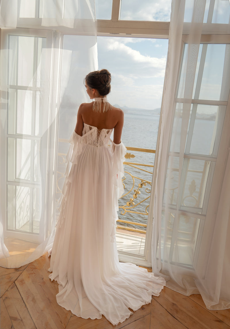 crepe off the shoulder wedding dress Bohemian Crepe Chiffon & Lace Off-Shoulder Wedding Dress