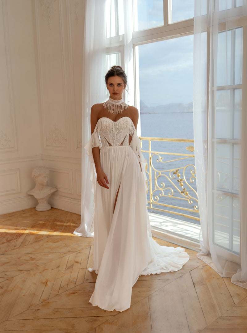 Bohemian Crepe Chiffon & Lace Off-Shoulder Wedding Dress Bohemian Crepe Chiffon & Lace Off-Shoulder Wedding Dress