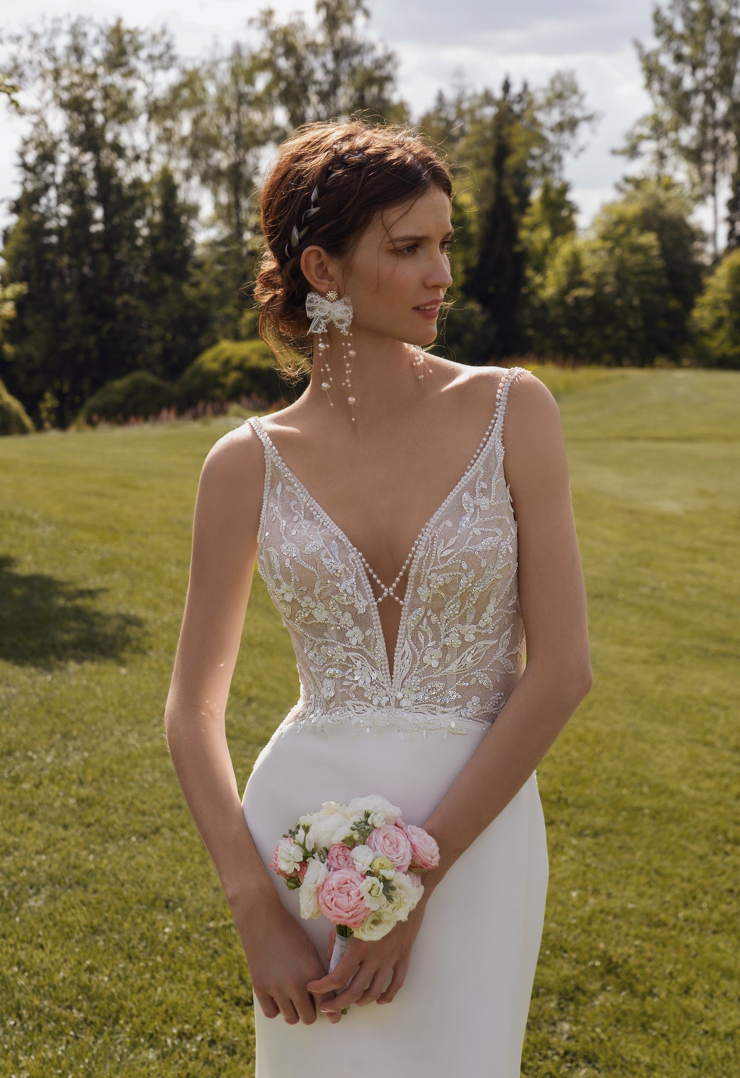 deep v neck mermaid wedding dress Mermaid V-Neck Sweep Trian White Satin Backless Wedding Dress WD219 US10 / White