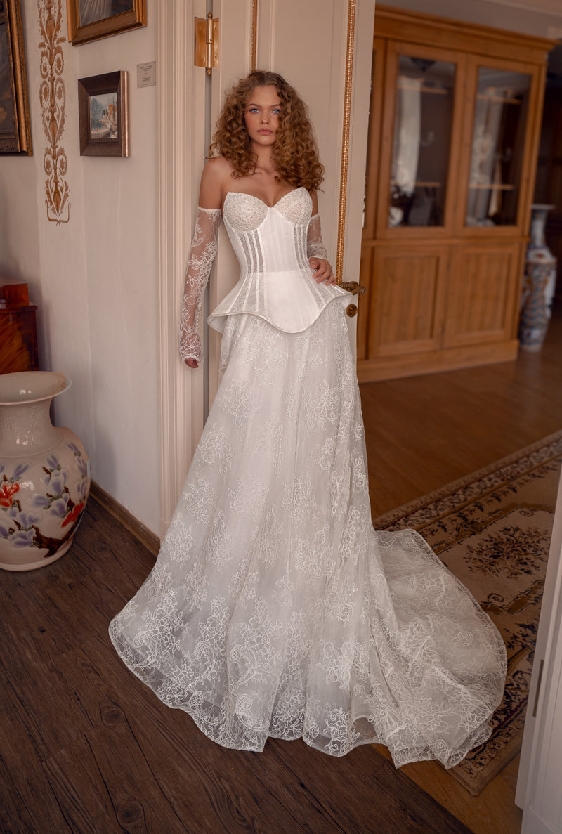 Lace Corset Ball Gown with Peplum Detail and Sheer Gloves