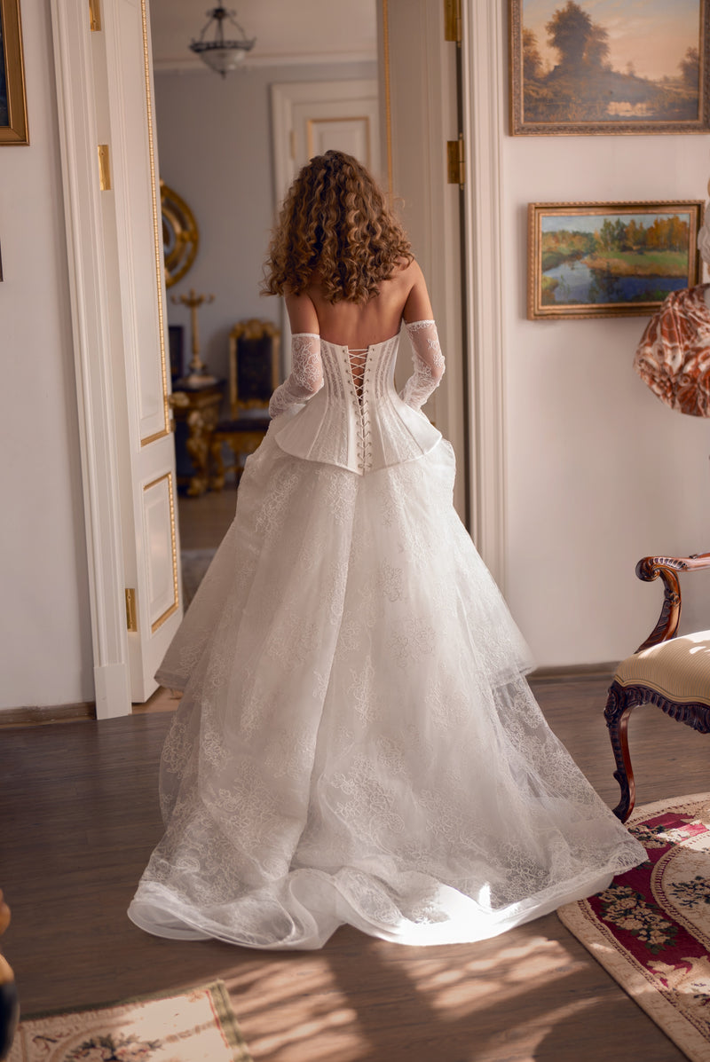 chinese dress ladies Lace Corset Ball Gown with Peplum Detail and Sheer Gloves