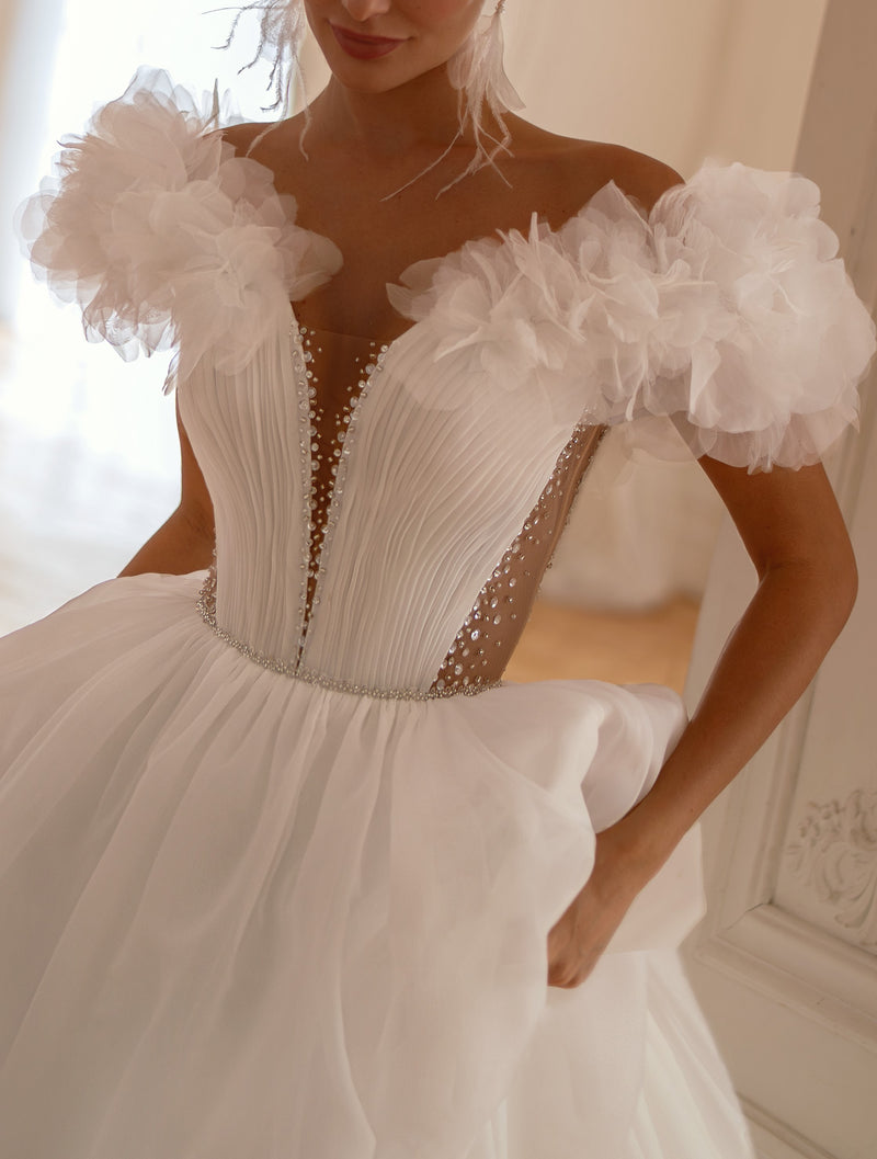 Floral Cloud Organza Off-Shoulder Wedding Dress