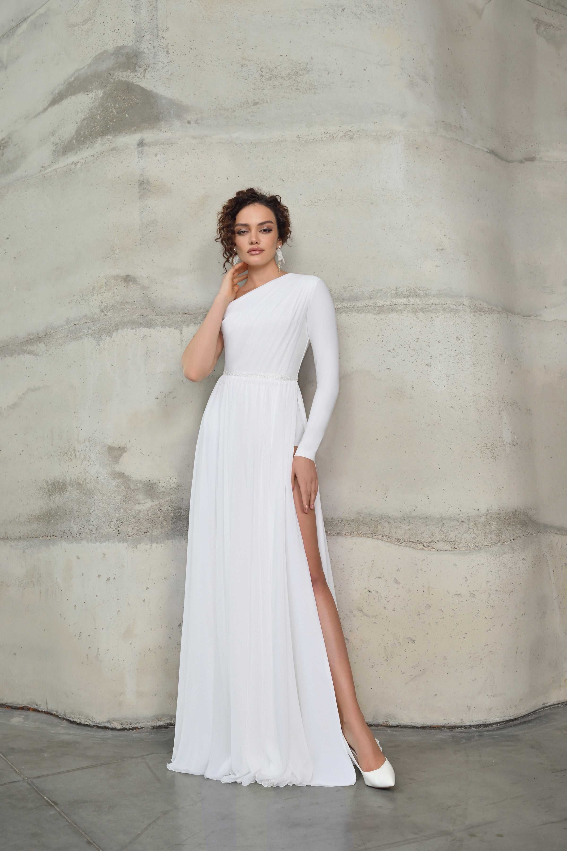 One-Shoulder Asymmetrical A-Line Minimalist White Dress With Shorts HAREM's Brides One-Shoulder Asymmetrical A-Line Minimalist White Dress With Shorts HAREM's Brides