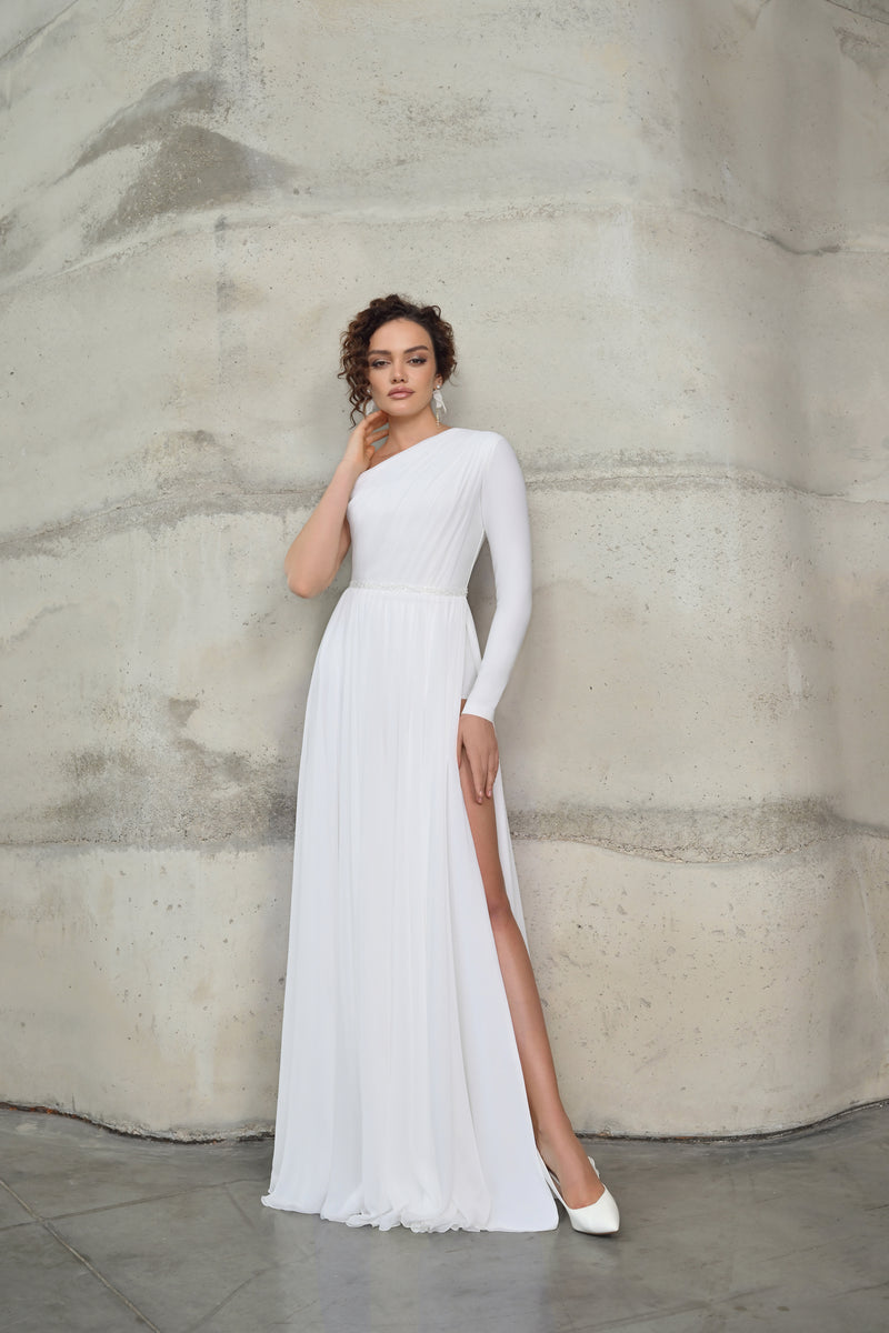One-Shoulder Asymmetrical A-Line Minimalist White Dress With Shorts HAREM's Brides One-Shoulder Asymmetrical A-Line Minimalist White Dress With Shorts HAREM's Brides