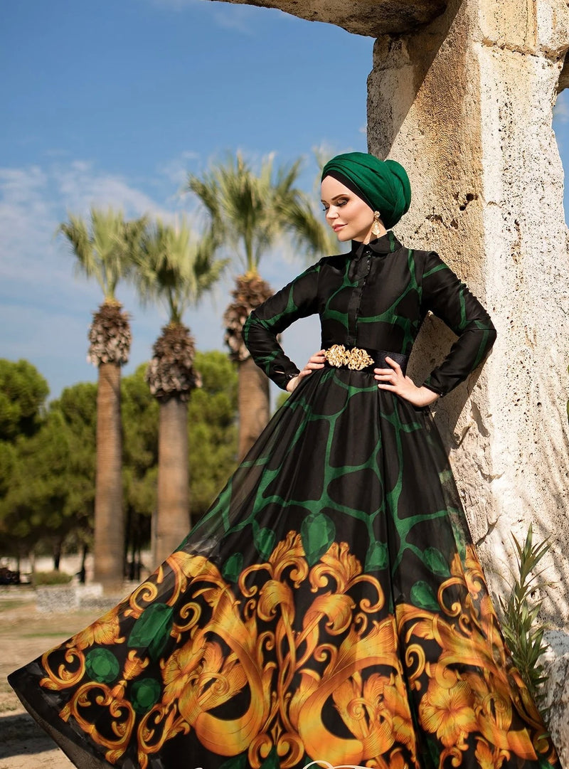 Long Sleeve Green Modest Chiffon Dress with Exclusive Pattern