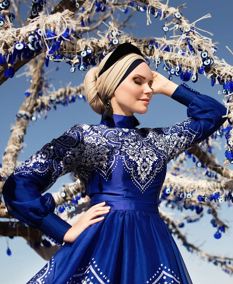 Long Sleeve Blue Oriental Pattern Modest Dress