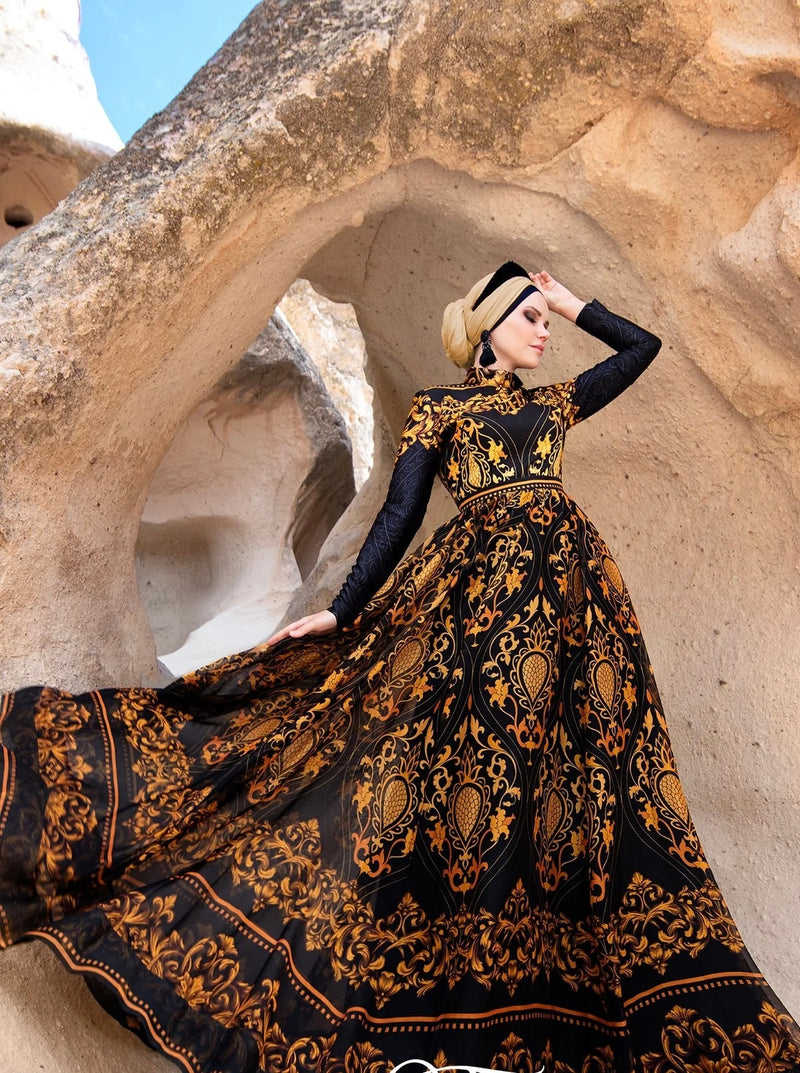 Modest Long Sleeve Golden ChiffonDress XL Modest Long Sleeve Golden ChiffonDress XL