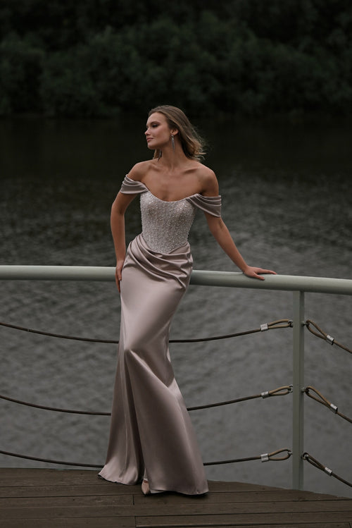 ✨ Off-Shoulder Beaded Lace & Satin Mermaid Evening Dress | Timeless Allure