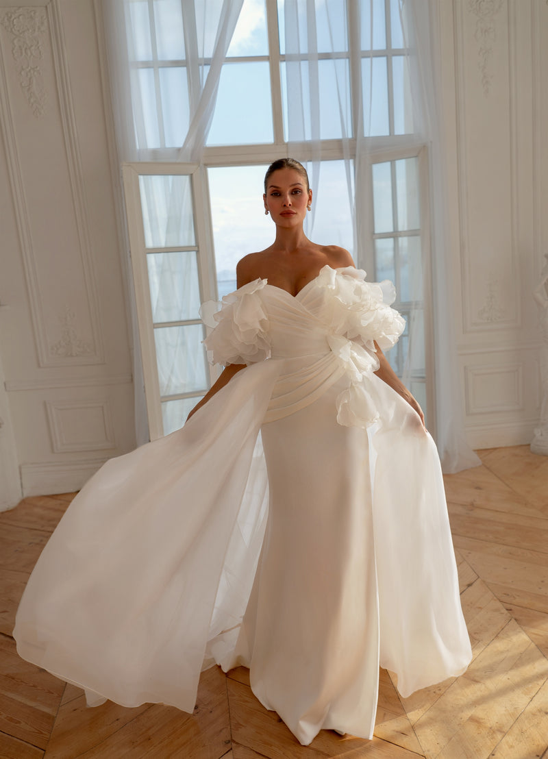organza mermaid wedding dress Gerbera Soft Satin with Detachable Train and 3D Floral Sleeves NOVBF24 Built in Bra Cult Gaia Chrysta Knit US Size:Child 8