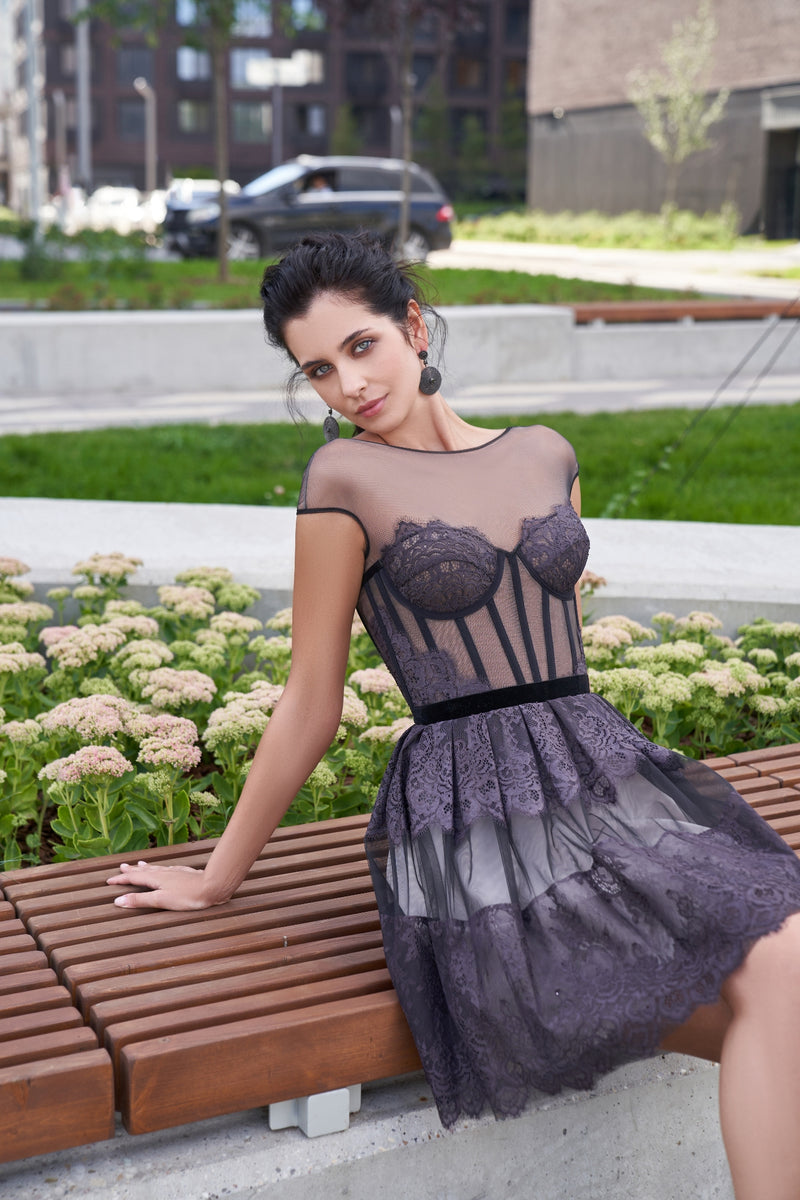 Sheer Neckline Lace Black Mini Cocktail Dress EU44 Sheer Neckline Lace Black Mini Cocktail Dress EU44