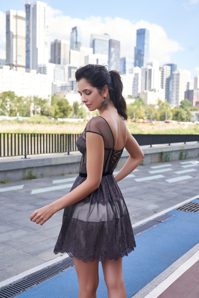Sheer Neckline Lace Black Mini Cocktail Dress EU44 Sheer Neckline Lace Black Mini Cocktail Dress EU44