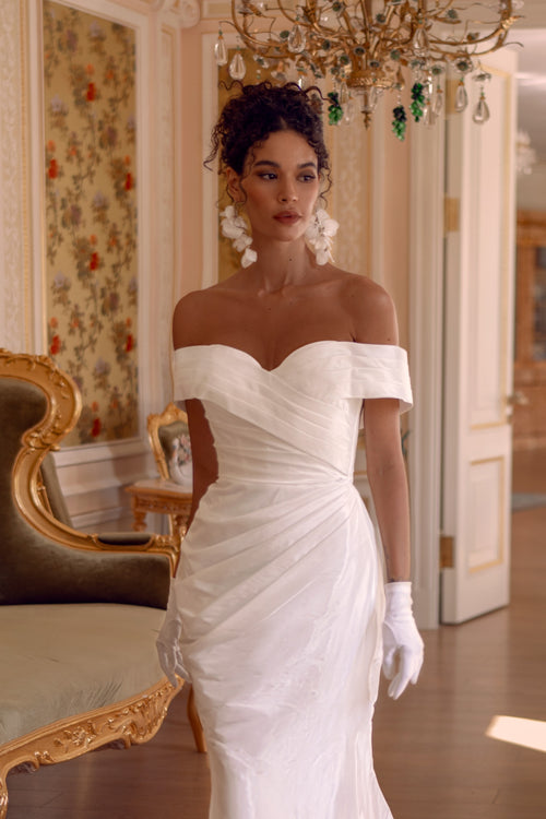 Off-Shoulder Natural Taffeta Ball Gown with Draped Bodice and Detachable Train | Regal Whisper