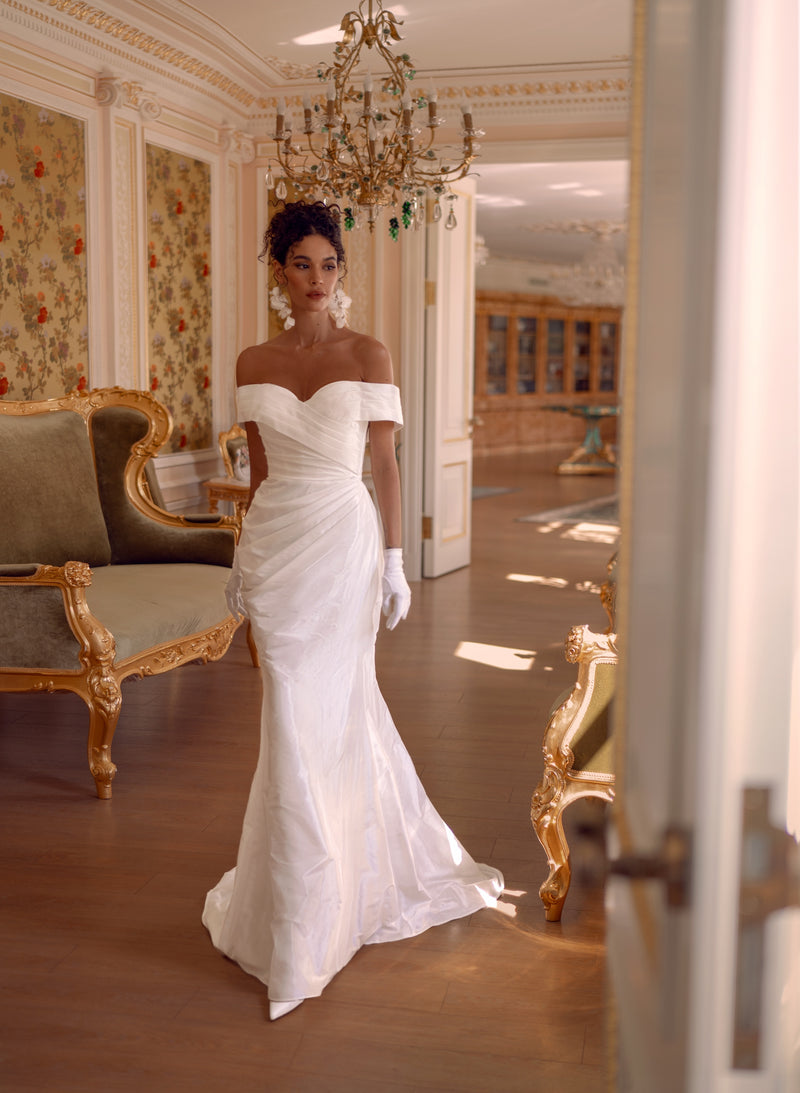 off the shoulder taffeta dress Off-Shoulder Natural Taffeta Ball Gown with Draped Bodice and Detachab –  HAREM's Brides