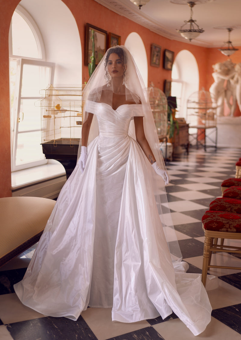 off the shoulder taffeta wedding dress Off-Shoulder Natural Taffeta Ball Gown with Draped Bodice and Detachab –  HAREM's Brides