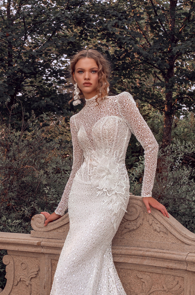 High-Neck Long Sleeve Lace Mermaid Wedding Dress with 3D Floral Appliqu | Enchanted Poise High-Neck Long Sleeve Lace Mermaid Wedding Dress with 3D Floral Appliqu | Enchanted Poise
