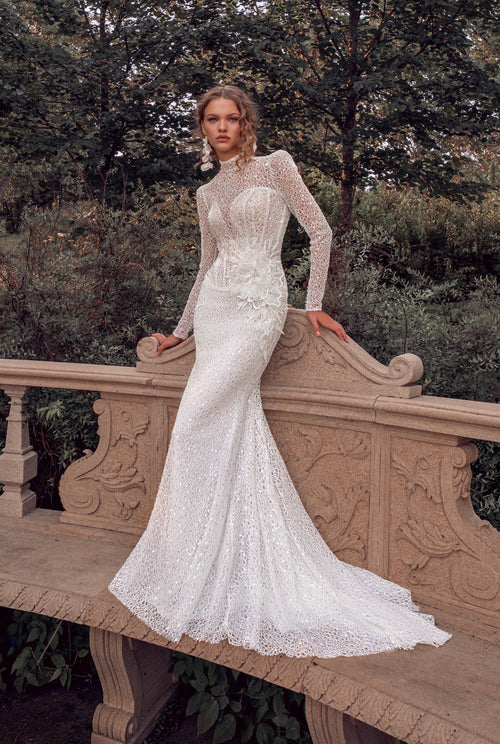High-Neck Long Sleeve Lace Mermaid Wedding Dress with 3D Floral Appliqué | Enchanted Poise