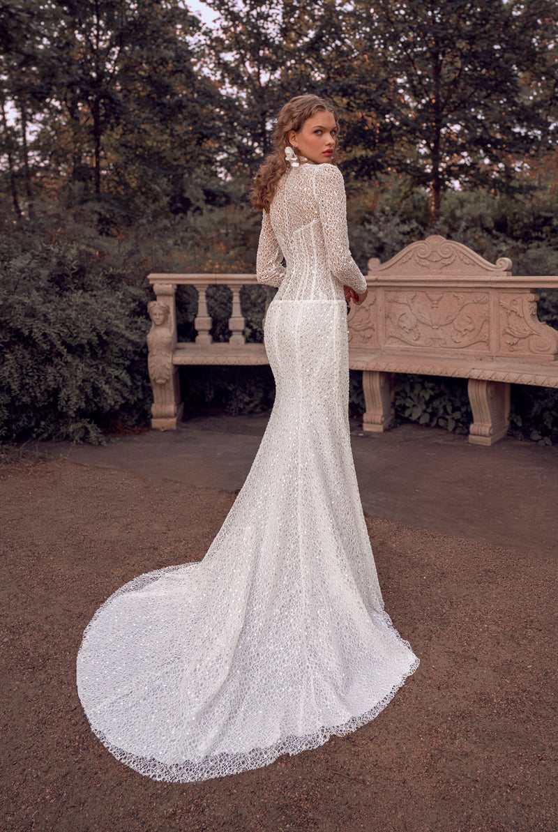 High-Neck Long Sleeve Lace Mermaid Wedding Dress with 3D Floral Appliqu | Enchanted Poise High-Neck Long Sleeve Lace Mermaid Wedding Dress with 3D Floral Appliqu | Enchanted Poise
