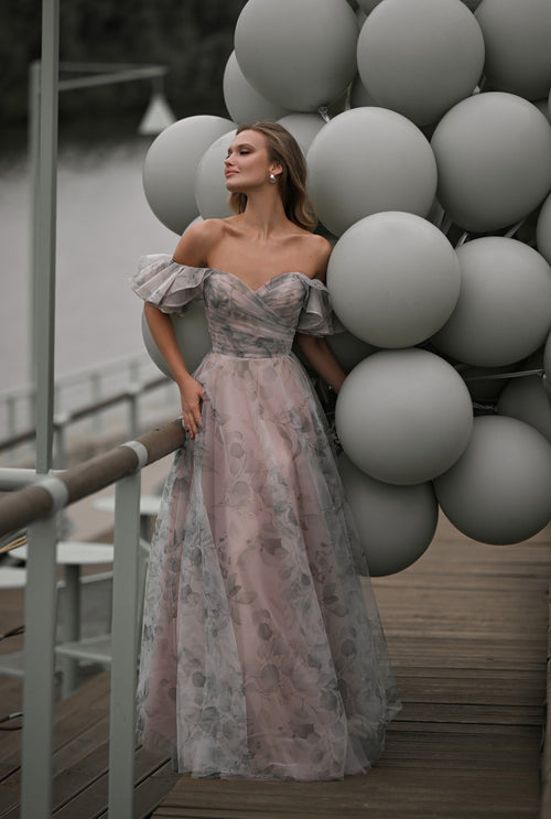 ✨ Off-Shoulder Printed Euro Tulle A-Line Evening Dress | Whispering Garden