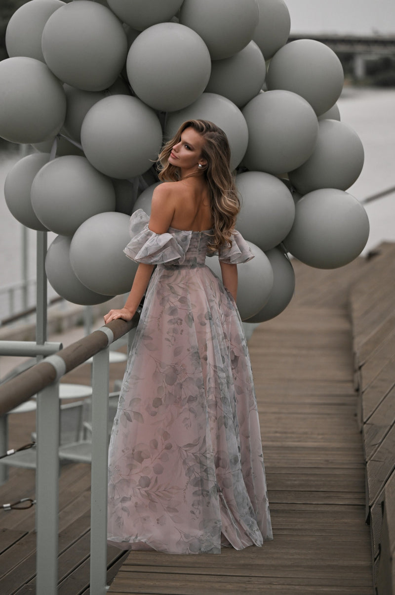✨ Off-Shoulder Printed Euro Tulle A-Line Evening Dress