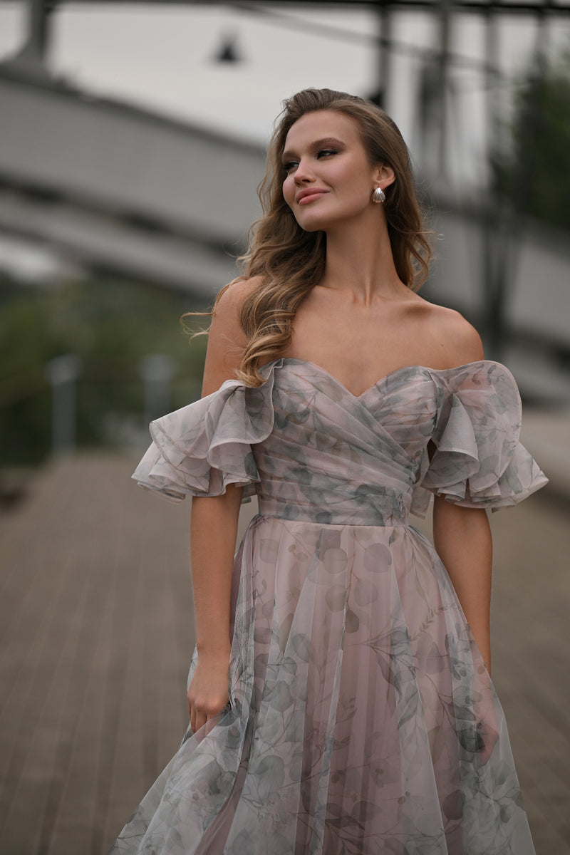 Off-Shoulder Printed Euro Tulle A-Line Evening Dress