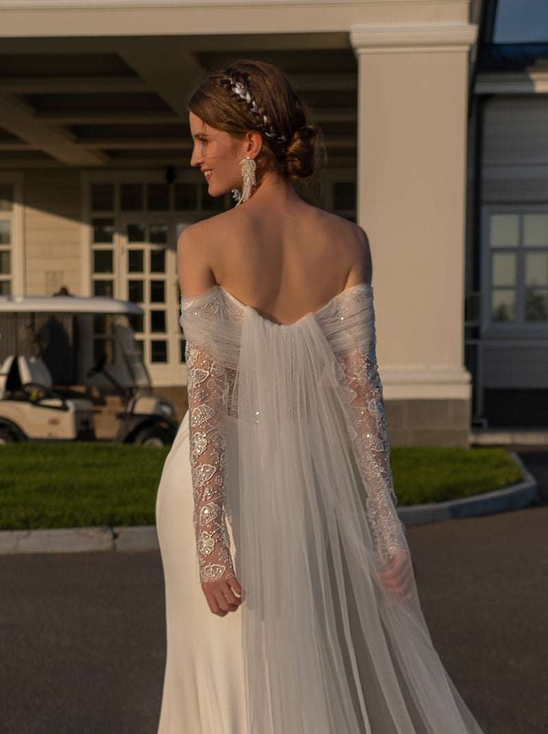 Off-the-Shoulder Sheath Wedding Dress with Removable Train HAREM's Brides Off-the-Shoulder Sheath Wedding Dress with Removable Train HAREM's Brides