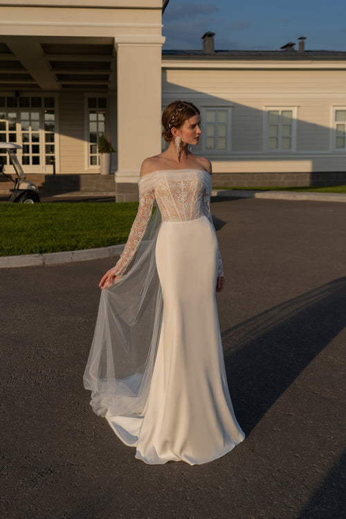 Off-the-Shoulder Sheath Wedding Dress with Removable Train