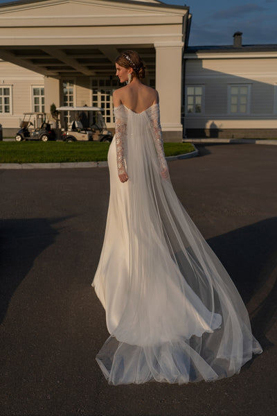 Sheath Off Shoulder Beaded Ruched Wedding Dress with Detachable Train