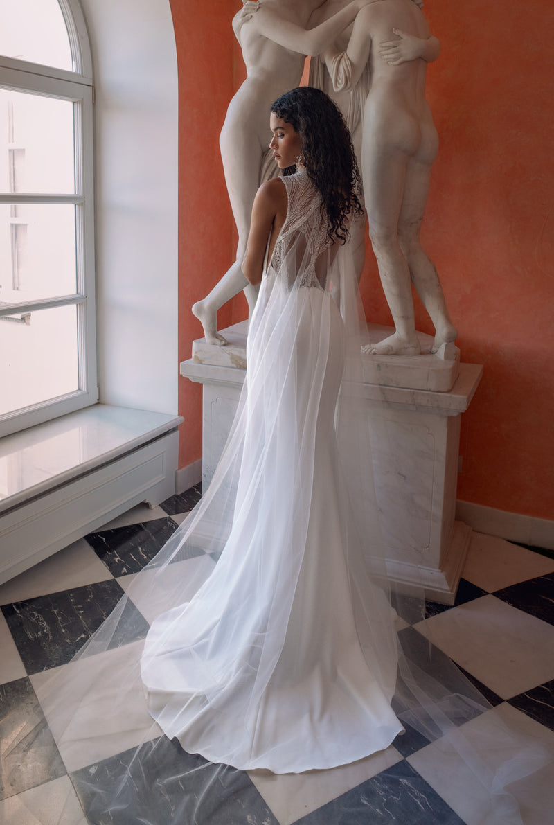 High-Neck Crepe Wedding Dress with Lace Back & Detachable Tulle Cape | La Marie Moderne Collection