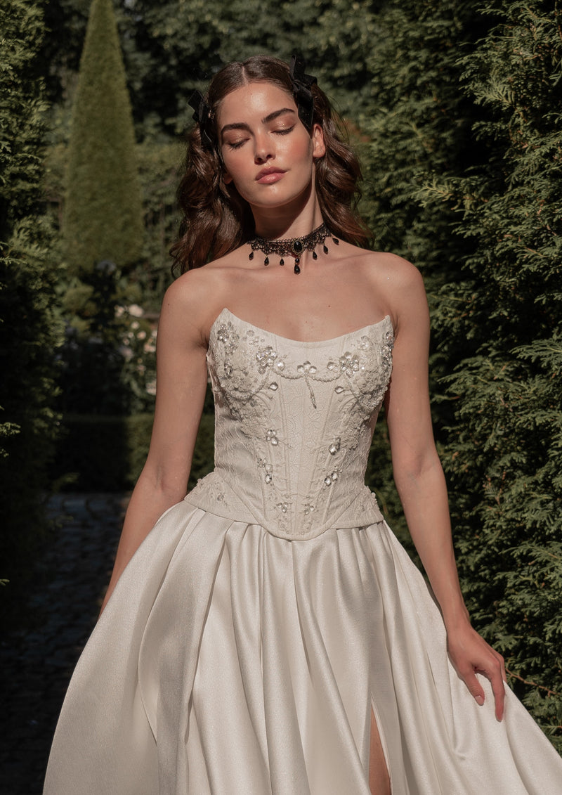 A-Line Wedding Gown with Strapless Corset, Lace-Up Closure Back, and L HAREM's Brides A-Line Wedding Gown with Strapless Corset, Lace-Up Closure Back, and L HAREM's Brides