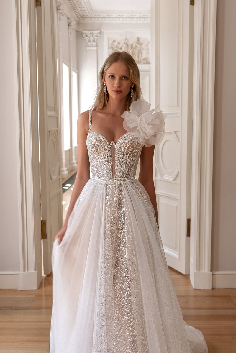 A-Line Spaghetti Strap Sweetheart Sparkle Wedding Dress with One Shoul HAREM's Brides A-Line Spaghetti Strap Sweetheart Sparkle Wedding Dress with One Shoul HAREM's Brides