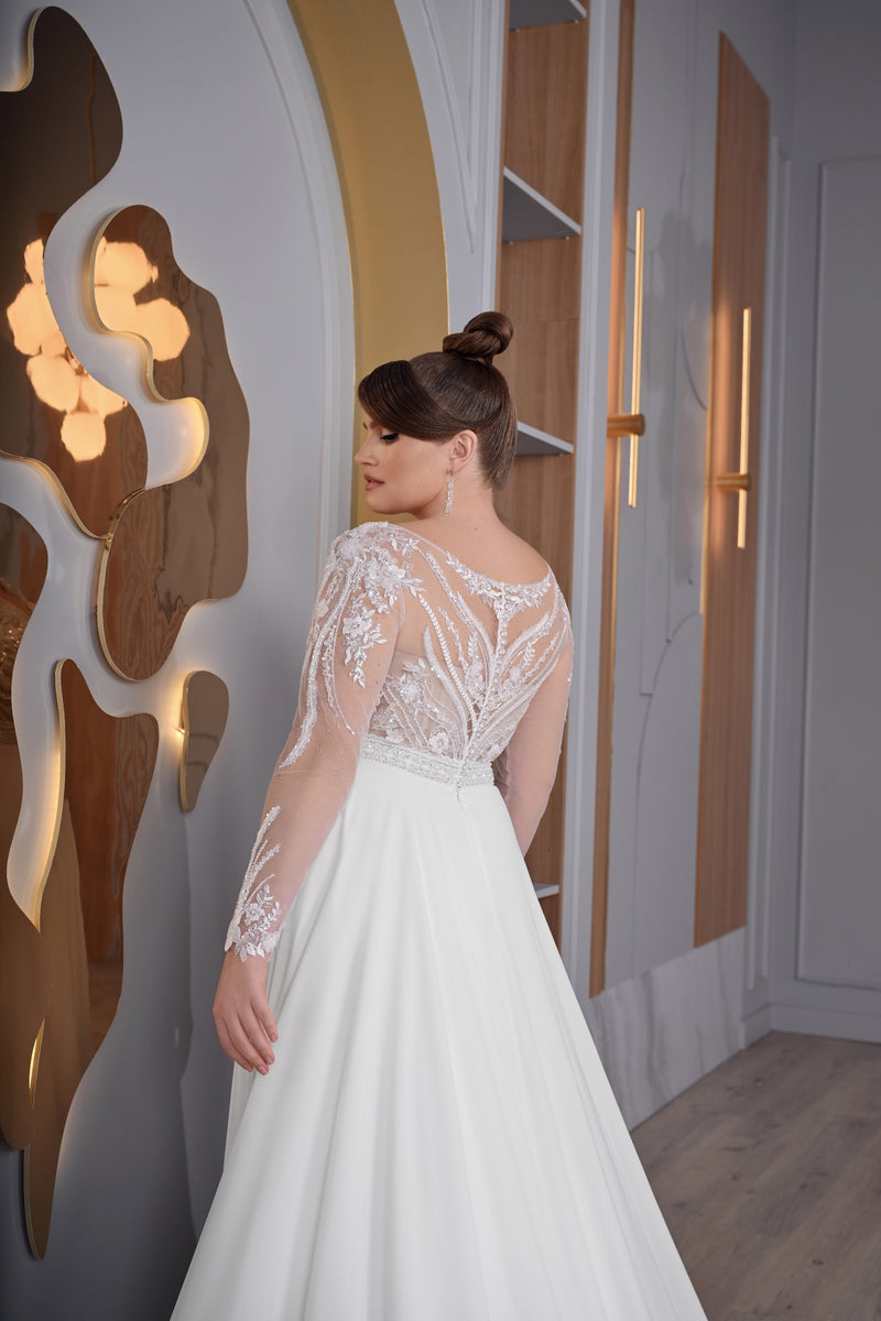 Vestido de novia de talla grande, corte A, manga larga transparente
