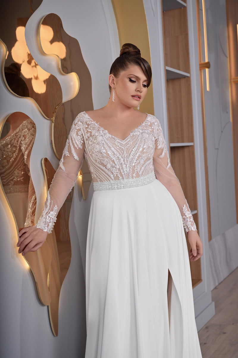 Long Sheer Sleeve A-Line Plus-size Bridal Dress