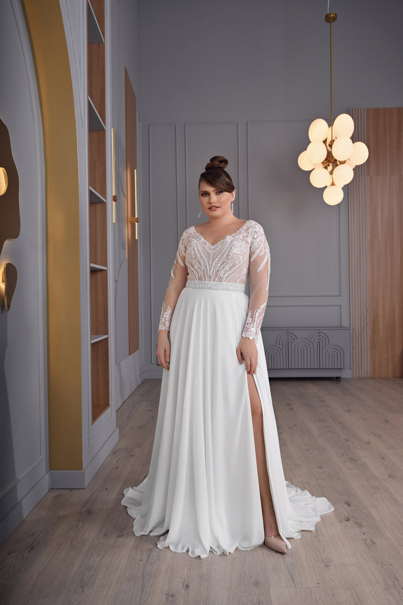 Long Sheer Sleeve A-Line Plus-size Bridal Dress