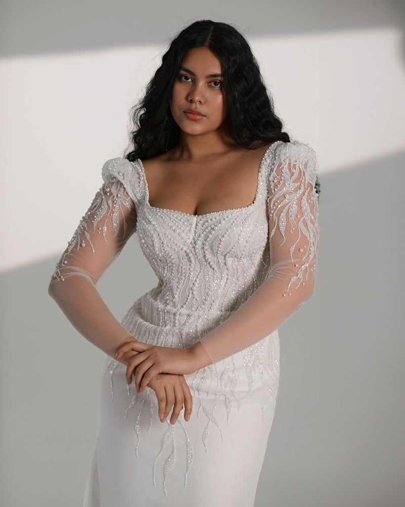 Long Sheer Sleeves Sparkling Square Neckline Corset Back Sheath Weddin HAREM's Brides Long Sheer Sleeves Sparkling Square Neckline Corset Back Sheath Weddin HAREM's Brides