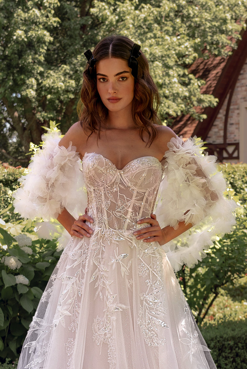 Strapless A-Line Wedding Dress with 3D Floral Bolero HAREM's Brides Strapless A-Line Wedding Dress with 3D Floral Bolero HAREM's Brides