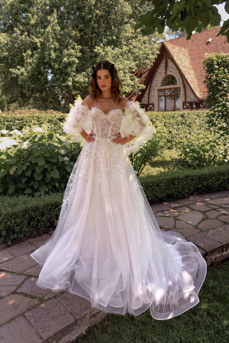 Strapless A-Line Wedding Dress with 3D Floral Bolero Vanilla (Photo) / EU34 Strapless A-Line Wedding Dress with 3D Floral Bolero Vanilla (Photo) / EU34