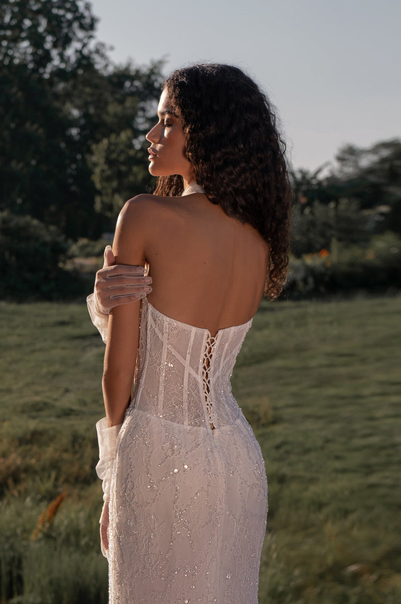 Fairy Lace Corset Wedding Dress with Hooded Glitter Tulle Cape