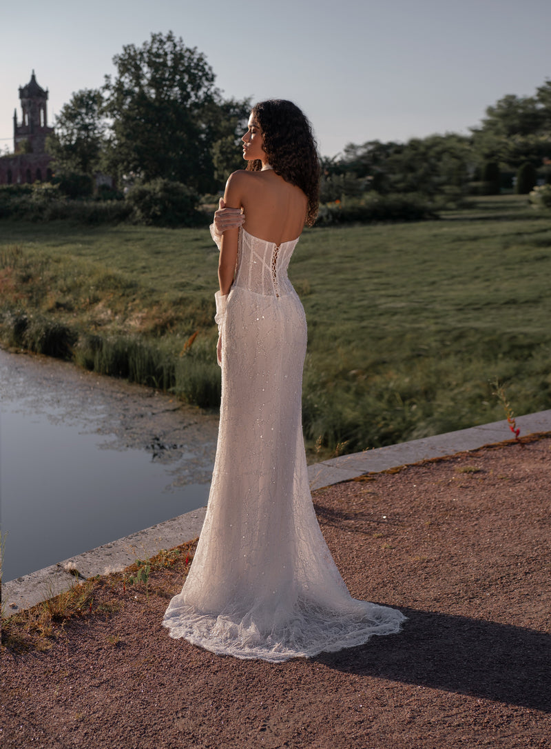 Fairy Lace Corset Wedding Dress with Hooded Glitter Tulle Cape | Celestial Grace Collection