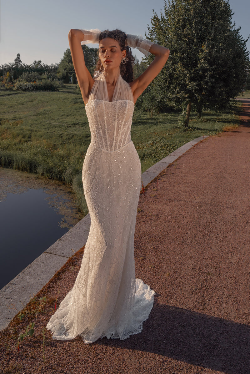 Fairy Lace Corset Wedding Dress with Hooded Glitter Tulle Cape | Celestial Grace Collection Fairy Lace Corset Wedding Dress with Hooded Glitter Tulle Cape | Celestial Grace Collection