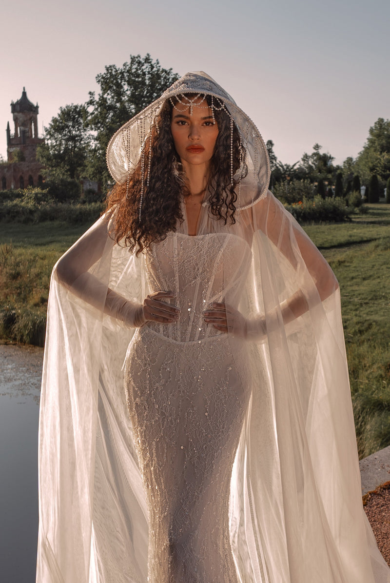 Fairy Lace Corset Wedding Dress with Hooded Glitter Tulle Cape | Celestial Grace Collection Fairy Lace Corset Wedding Dress with Hooded Glitter Tulle Cape | Celestial Grace Collection
