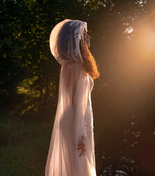 Fairy Lace Corset Wedding Dress with Hooded Glitter Tulle Cape | Celestial Grace Collection