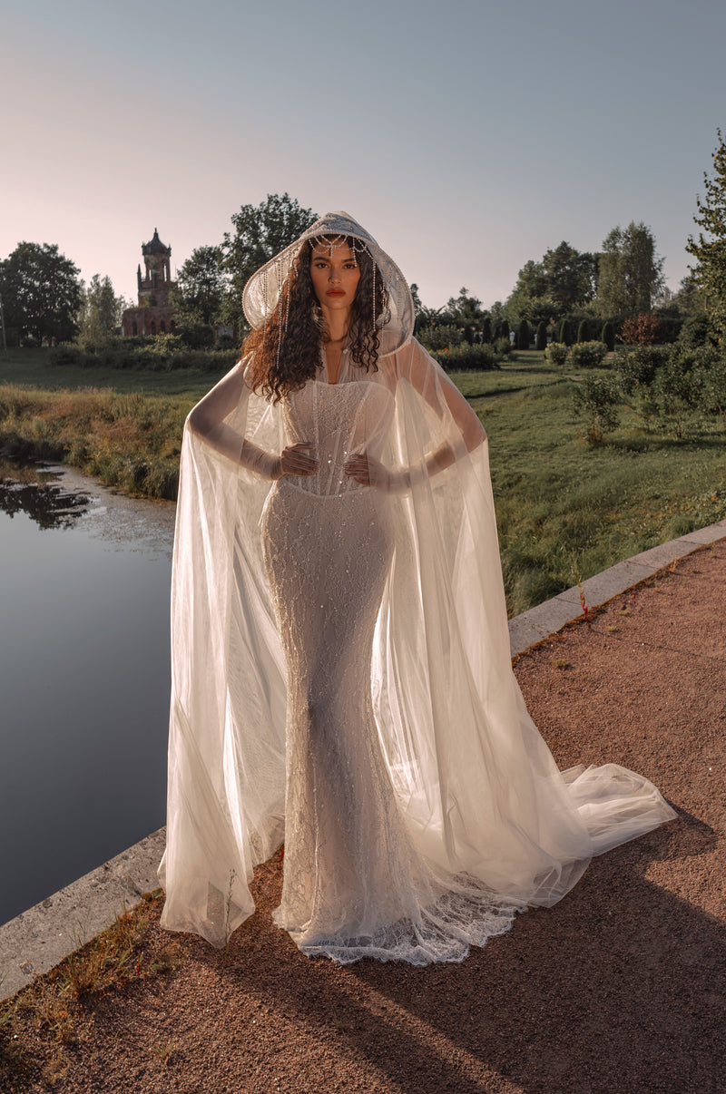 Fairy Lace Corset Wedding Dress with Hooded Glitter Tulle Cape