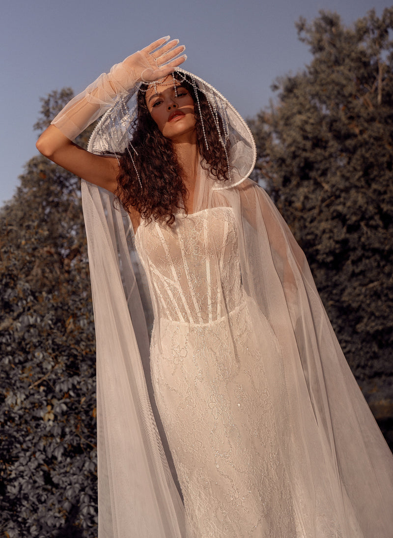 Fairy Lace Corset Wedding Dress with Hooded Glitter Tulle Cape | Celestial Grace Collection Fairy Lace Corset Wedding Dress with Hooded Glitter Tulle Cape | Celestial Grace Collection