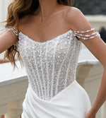 Fashionable Off-Shoulder Mermaid Wedding Gown with Glitter Corset and Thigh-High Slit