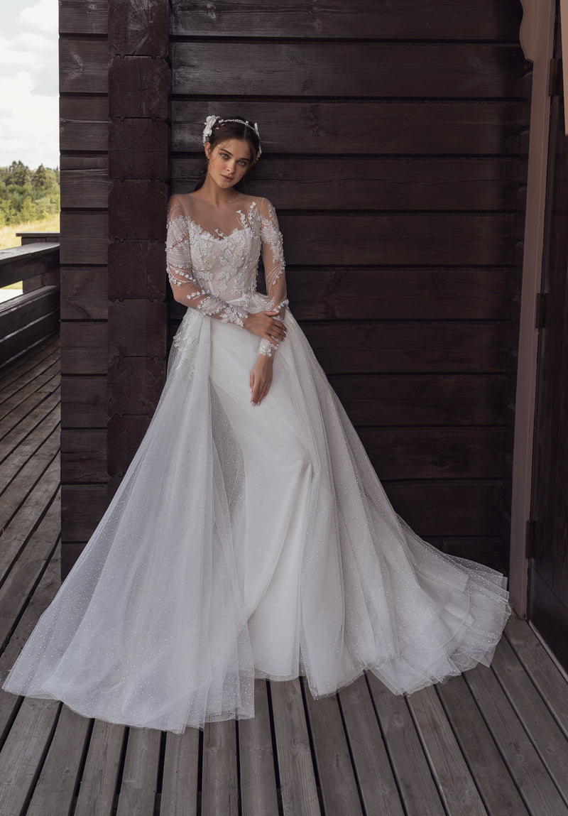 Long Sleeve Lace and Dot Tulle Wedding Gown